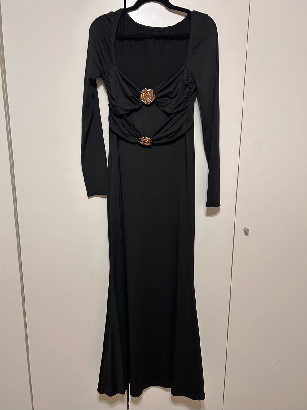 SHEIN Black Long Sleeve Maxi Dress with Gold Flower Accents